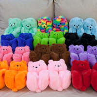 Girl Teddy Bear Plush Slippers Cartoon Cute Bear House Slipper Warm Furry Faux Fur Slides Flip Flop Shoes Four Seasons