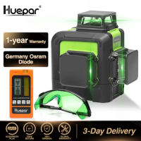Huepar 12 Lines 3D Cross Line Laser Level Green Laser Beam Self-Leveling 360 Vertical &amp; Horizontal with Glasses &amp; Laser Receiver