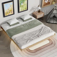 King size bed frame, floating bed frame with LED lights, modern low-profile platform,solid pine slatted support,easy to assemble