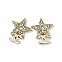 CHANEL 針式耳環 經典雙C 星星帶鑽 淡金色