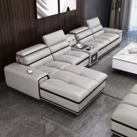 Linlamlim Modern Couch Sofas Genuine Leather Sectional Sofa Sets with USB Charging and Bluetooth Speaker - Living Room Furniture