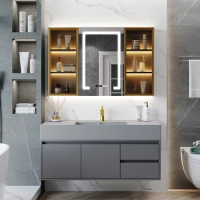 Modern minimalist rock integrated basin, bathroom cabinet, mirror cabinet combination, bathroom washbasin cabinet,