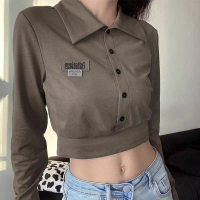 Newlan WT022 Crop Top Serut Lengan Panjang -Kemeja Kerut Rib Sweater Korea Crop  Collar Oversize Kni