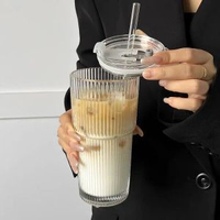 ins風高顏值豎紋玻璃杯大容量便攜咖啡杯奶茶杯帶蓋飲筒杯果汁杯-豎紋玻璃杯600ML【含吸管+蓋子】 均碼-款式1