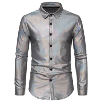 Silver Metallic Giltter Dress Shirts Men 2023 New 70's Disco Party Halloween Costume Shirt Mens Club Stage Performance Chemise