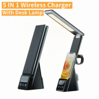 5 IN 1 Wireless Charger Stand LED Table Lamp Alarm Clock Fast Charging Dock Station For iPhone 14 13 12 Pro Max Apple Watch SE 8