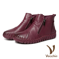 【Vecchio】真皮短靴/頭層真皮手工縫線經典款側拉鍊休閒短靴(酒紅)