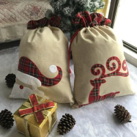 50x70cm Lattice Stitching Santa Claus Elk Christmas Gift Drawstring Canvas Gift Bag Large Drawstring Gift Bag Home Party Decor