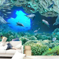 Custom Any Size TV Background Wall Mural Wall Paper Original Dolphin Family Super Clear Sea Coral 3D TV Background Wall