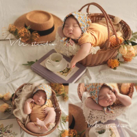 Newborn Photography Props Baby Picnic Rattan Basket Theme Set Baby Outfit Hat Jumpsuit For Fotografia Studio Shooting Photo Prop