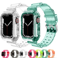 Clear Band + Case for Apple Watch Series 8 7 6 SE 5 4 45mm 44mm 42mm 41mm Transparent for iwatch 3 2 38mm 40mm rubber Strap