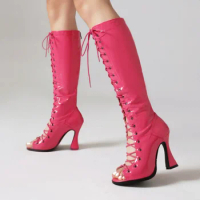 Sexy Knee High Boots Women Peep Toe Lace-up Pink Black Heels Long Boot 2024 Spring Summer Dance Party Shoes Lady Large Size 48