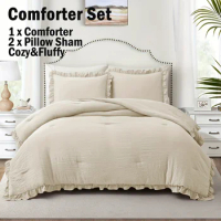 Ruffle Comforter Set 3 Pieces, Farmhouse Bedding Boho Fluffy Soft Lightweight Include 1 Comforter and 2 Pillow Shams Bed sheets