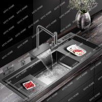 Kitchen Sink 4mm Thickness Large Size Handmade Step Drain Plate Kitchen Sink Waterfall Faucet Sinks