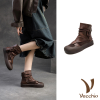 【Vecchio】真皮短靴 厚底短靴/全真皮頭層牛皮透氣網布拼接復古厚底短靴 涼靴 羅馬靴(棕)