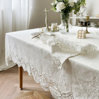Classic Cotton Lace Tablecloth Dust-Proof Table Cover for Buffet Table Holiday Dinner Party Banquet Wedding Decorations