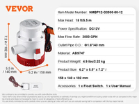 ปั๊มน้ำท้องเรือ VEVOR 750 / 1100 / 3000 GPH 12V ปั๊มน้ำอัตโนมัติแบบจุ่มพร้อมสวิตช์ลอยสำหรับเรือ สระว