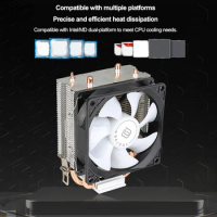 90mm CPU Air Cooler with 2 Heat Pipes Quiet Rainbow RGB Cooling Fan 3PIN CPU Cooling Fan for Intel 1150/1151/1155/1156/1200 AMD