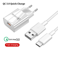 QC 3.0 Fast EU Plug Mobile Phone Charger For Xiaomi Mi 11 10 T Lite Poco X3 NFC M3 F2 Pro OPPO A52 A72 F17 Pro USB Type-c Cable