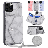 Phone Case For Apple iPhone 11 11 Pro 11 Pro Max 11Pro 11ProMax Wallet Cover Crossbody Strap Marble Card Holder Cell