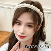 【AnnaSofia】韓式髮箍髮飾-絲面珍珠綁束結 現貨(米系)