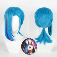 วิกผมคอสเพลย์ Jinx LOL Arcane สั้น สีฟ้า ผมสังเคราะห์ทนความร้อน
