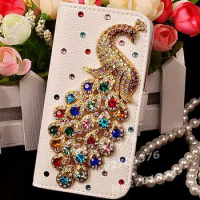 For Apple iPhone 6 6S 7 8 X XS Max 11 12 Pro Max Luxury Bling Diamond Crystal Peacock Leather Flip Wallet Phone Cover Case