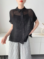 S-1148 # One Size (45-75kg) Miyake Style Summer Chiffon Blouse Women Fashion Short Sleeve Pleated