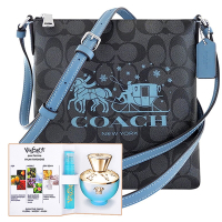 COACH 星夜藍色馬車雪橇大C PVC斜背包+VERSACE 品牌經典隨身小香水