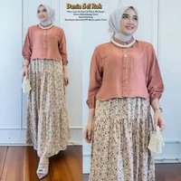 Qamira Set Long Tunik - One Set Wanita Kekinian Crinkle Airflow Setelan Wanita Rok Panjang LD 110 cm