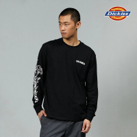 【Dickies】男款黑色純棉臂袖圖案印花設計休閒長袖T恤｜DK013073BLK