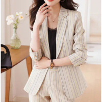 Tesco Striped Women's Suit Elegant Chic Business Sets Notch Lapels Blazer Straight Pants Female Slim Fit Outfits ropa mujer
