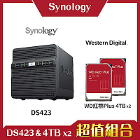 Synology DS423 4Bay NAS 網路儲存伺服器＋WD 紅標 4TB 3.5吋NAS硬碟-兩入組