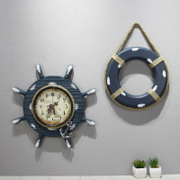 地中海掛鐘創意船舵壁鐘客廳臥室靜音時鐘木質舵手泳圈裝飾品鐘表