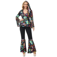 70s Disco Costume For Women 3pcs 80s Hippie Cosplay Printed Clothing Headband Set Female Halloween P