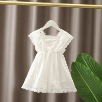 Summer Girls' Sleeveless White Lace Dress Children's Bow Solid Color Camisole Princess Dress Baby Girl Dress for 1-6Yrs