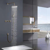 Luxury Gold Shower System Brass Shower Faucet Set,10 Inch High Pressure Round Rain Shower Head with Handheld Spray, Wall Mounted