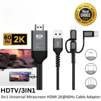 3IN1 UNIVERSAL MIRASCREEN HDMI 2K@60Hz ADAPTER I-CABLE/ANDROID/TYPE-C USB C PHONE TO HDTV AV USB CAB