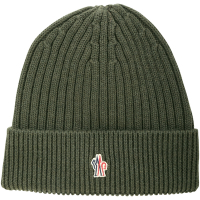 MONCLER Grenoble 標誌徽章反摺粗針織羊毛帽(墨綠色)