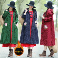 秋冬新款民族風女裝復古提花棉麻傳統刺繡加絨連帽外套女風衣1入