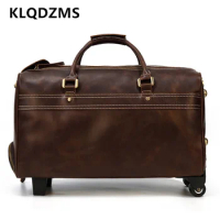 KLQDZMS 22" Inch Men's Leather Handheld Trolley Suitcase Retro Cowhide Travel Bag Large Capacity Luggage Business Handbag