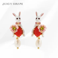 Juicy Grape 925 Silver Needle Earrings For Women Enamel Rabbit Artifical Zircon Drop Earrings Fine J