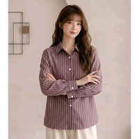 Kemeja salur wanita korean style/kemeja garis-garis hijab style kekinian-JISSO TOP Marron
