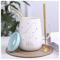 金邊陶瓷馬克杯咖啡杯【天秤座-（蓋子+勺子+吸管）】 