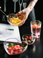 歐式網紅水果盤減肥餐定量碗透明玻璃沙拉碗套裝創意金邊甜品餐盤