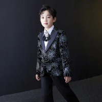 Child Black Velvet Flower Suit Set Little Host Boy Piano Catwalk Stage Performance Dress Costume Kids Jacket Flower Clothing