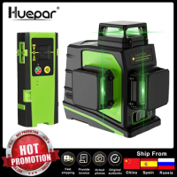 Huepar 3D Cross Line Laser Level 360 Self-leveling 12 Lines Green Beam Measure Tools Includes LR-6RG Digital LCD Laser Receiver