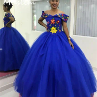 Vintage Mexican Blue Quinceanera Dresses With Colorful Flower Embroidery Fifteen Birthday Dress Vestido De Xv Debutante Prom