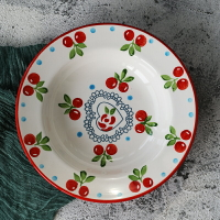 創意日式手繪櫻桃草帽圓盤9寸家用菜盤子湯盤西餐水果沙拉盤深盤