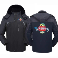 New Penn Fishing Reel Printed Men Hoodie Thicken Windbreaker Waterproof Warm Cold-Proof Comfortable Clothing Zipper Down Jacket